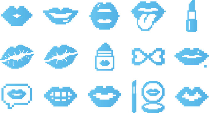 Pixel art collection of lips, lipstick, and beauty products symbolizing kiss, love, and makeup for fashion themes.
