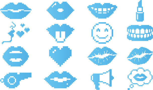 Pixel art icons for lips, hearts, smiley faces and megaphone, conveying messages of love and communication.