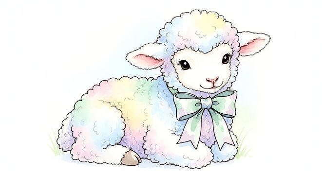 Colorful rainbow lamb with bow lying down on white.