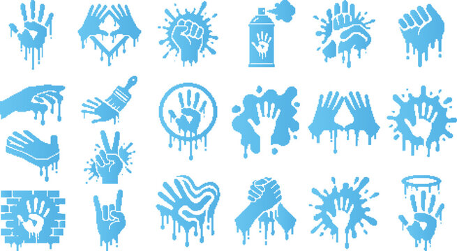 Collection of pixel art hands and graffiti elements showing spray paint splatters drips and various gestures.