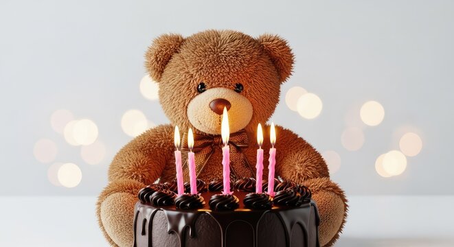 A fluffy brown teddy bear sits behind a delicious chocolate cake adorned with glowing pink candles against a soft bokeh background light, birthday cake, festive, decoration