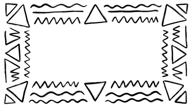Hand-Drawn Tribal Geometric Border with Boiling Lines Animation Loop. A "boiling lines" animation style, shaky hand-drawn effect. for quirky title cards, social media overlays, or artistic background 