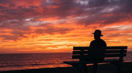 Obraz premium Silhouette of a Man in a Hat Sitting on a Bench Watching a Vibrant Sunset Over the Ocean Horizon