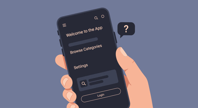 Hand holding smartphone displaying a mobile app interface with navigation options.