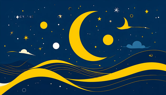 Minimalist graphic reinterpretation of Starry Night using only geometric circles for stars and sweeping vector curves for the wind generative AI