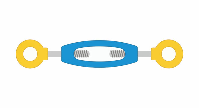 Simple illustration of a turnbuckle with blue body, grey threaded ends and yellow loops