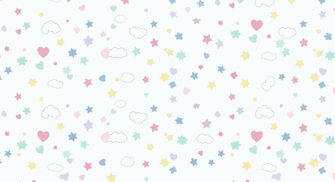 Seamless pastel pattern with stars hearts clouds and dots on white background.