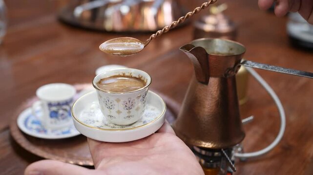 Traditional Turkish Coffee Foam Served with Spoon &mdash; Cinematic Close-Up