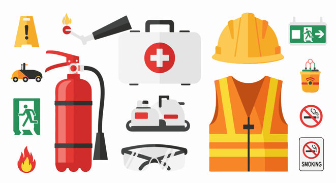 Safety and emergency equipment icons first aid, fire, exit, gear