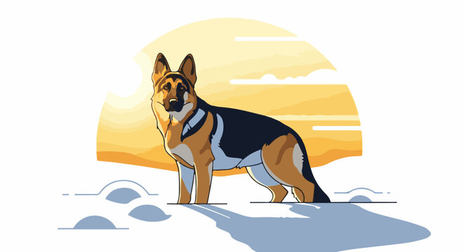 Pixel art of a German Shepherd dog standing against a stylized sunset backdrop