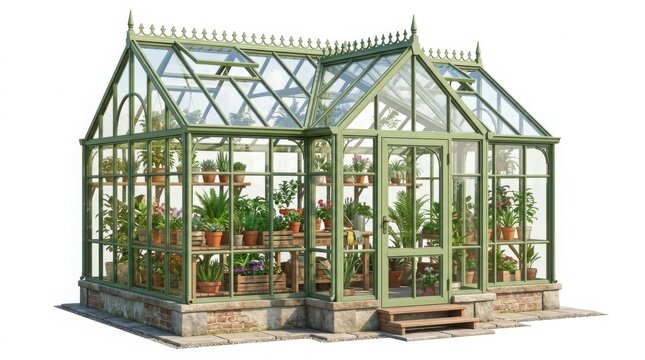Victorian style greenhouse with sage green frame, classic glass conservatory for gardening, elegant botanical orangery with potted plants isolated on White Background