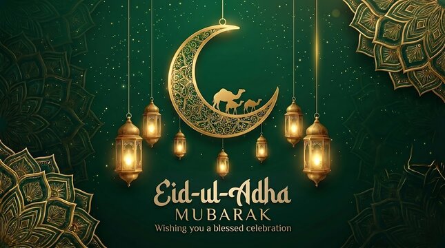 Elegant green and gold Eid ul Adha Mubarak Islamic greeting poster with crescent moon lanterns and Arabic patterns