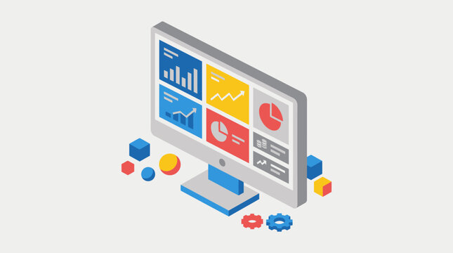 Isometric Desktop Monitor with Colorful Business Dashboard Tiles Charts and Financial Analytics Data, Blue Yellow Corporate Performance Concept