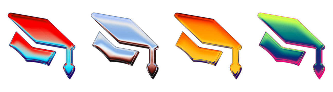 3D isometric icon set - flying motarboard. Academic learning and higher education resources. 3D illustration on transparent background. High resolution 3D artwork.