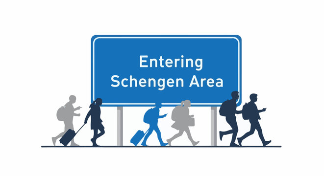 Silhouettes of people with luggage walk past a sign for the Schengen Area