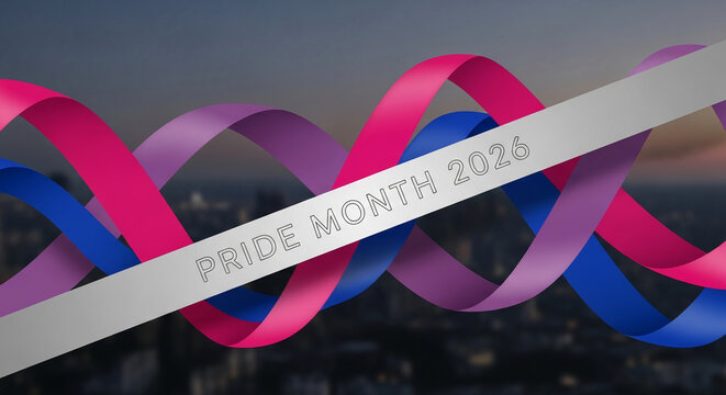 Abstract ribbons in bisexual pride colors weave across a blurry cityscape, celebrating Pride Month 2026, representing inclusivity and diversity.