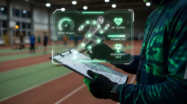 Coach Analyzing Athlete Performance with Holographic Metrics