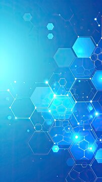 A vibrant blue abstract background featuring interconnected hexagonal patterns and glowing lines.