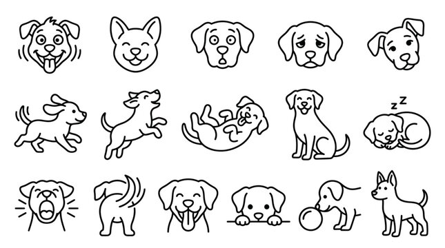 A collection of 15 black line art illustrations of various dog breeds and poses including happy, sad, playful, sleeping, and excited expressions in simple cartoon style on white background f