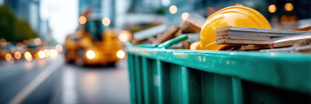 Green waste dumpster filled with wood scraps and rubble at urban construction site with excavator