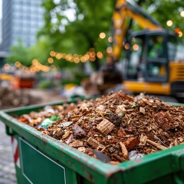 Green construction dumpster filled with wood scraps and rubble at urban worksite with excavator