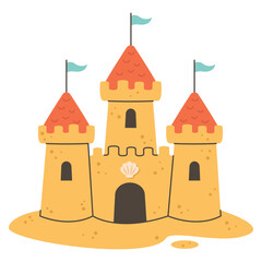 Fototapeta premium Hand drawn sand castle with shells and flags