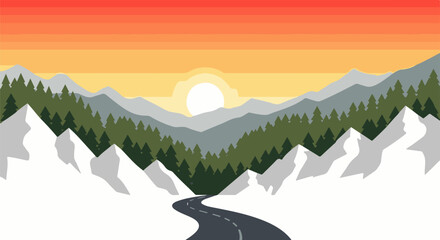 Naklejka premium Serene mountain vista with a winding road during a vibrant sunset