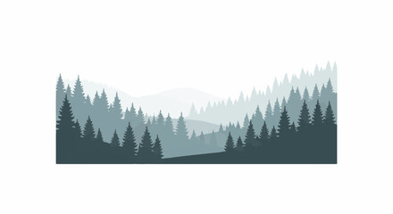 Obraz premium Silhouetted evergreen trees layered on misty hills fade into horizon