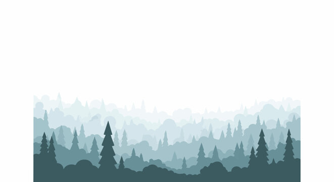 Silhouetted evergreen forest in receding layers of blue and green