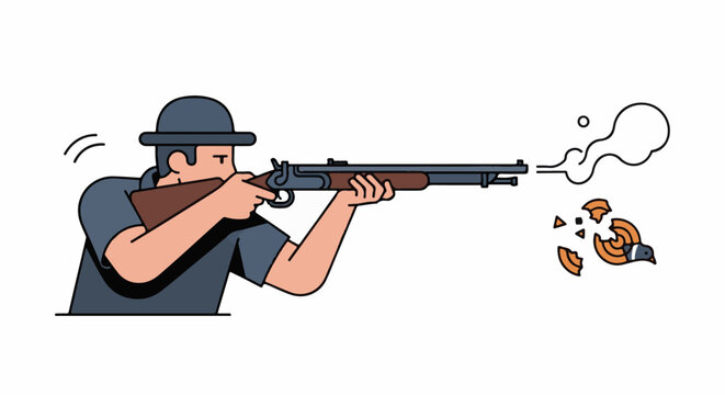 Shooter aims rifle at clay pigeon fragmenting in mid-air