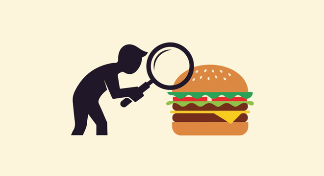 Silhouette examines burger with magnifying glass on plain background
