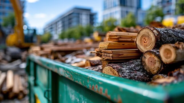 Urban construction site with green dumpster full of wood scraps and rubble