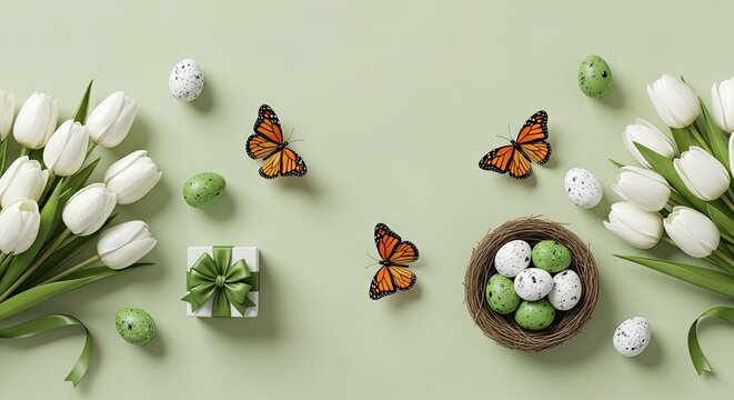 Springtime flatlay with tulips butterflies and easter eggs