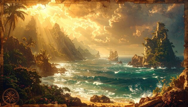 A majestic sailing ship navigates through turquoise waters towards a lush, tropical island bathed in the golden light of a setting sun, evoking a sense of adventure and discovery.