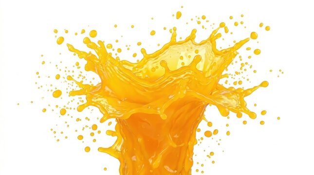 Vibrant orange juice splash with liquid droplets, fresh citrus fruit drink explosion, dynamic yellow liquid crown for beverage advertising isolated on White Background