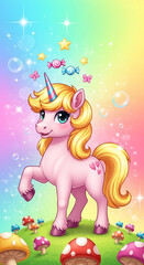 Naklejka premium Pink unicorn with golden mane, surrounded by colorful mushrooms, stars, bubbles, and candy, symbolizing magic, fantasy, and childhood joy, perfect for whimsical designs