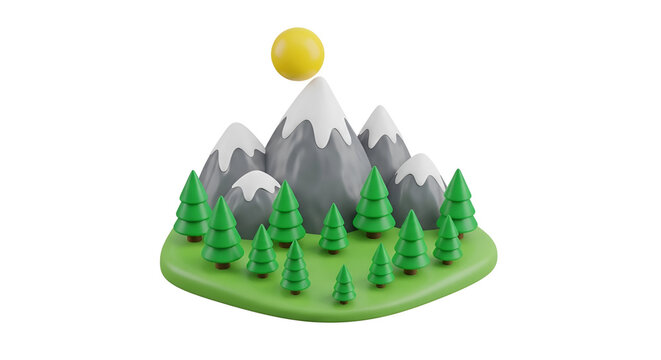Stylized 3D Rendering of a Mountain Landscape with Pine Trees and Sun.