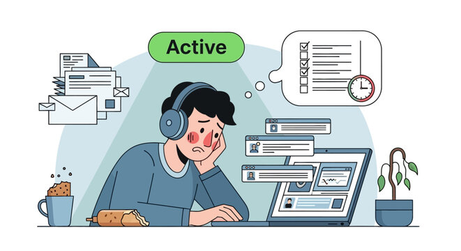 Tired young man working late on computer with headphones and multiple tasks.