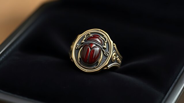 khepri. Ornate scarab beetle gemstone seal ring on black velvet with detailed carving. wildlife magazines, conservation campaigns, designed for eco-tourism storytelling, used by recruiters.