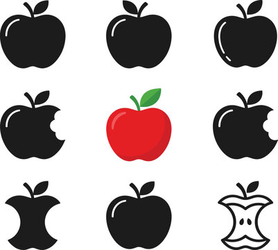 Apple icon set black silhouettes and a single red apple illustration