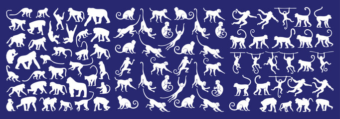 Primate silhouette pattern with various monkey poses climbing swinging sitting and hanging clean flat vector illustration on blue background © Ms Rozi