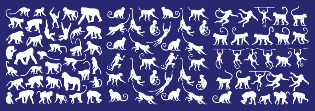Primate silhouette pattern with various monkey poses climbing swinging sitting and hanging clean flat vector illustration on blue background