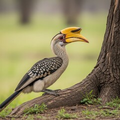 Obraz premium Southern Yellow-Billed Hornbill Perched Beside Tree Trunk.
