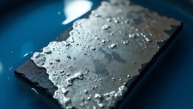 electrolytic. Iron plate in a blue bath with a shiny silver coating forming. safety posters, maintenance manuals, designed for precision metalworking and fabrication facilities, supports safety.