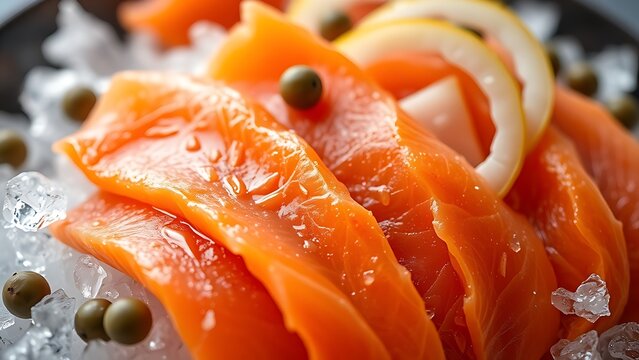 mutiny. Close-up of smoked salmon slices on ice with capers and onion. menu design, packaging mockups, designed for food delivery and cloud-kitchen brand materials, supports restaurant marketing.