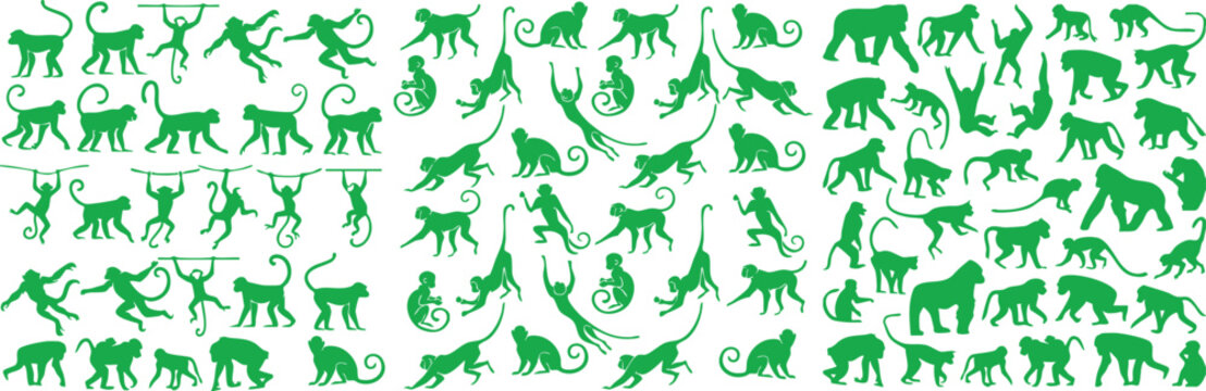 Monkey repeat pattern with different poses climbing swinging sitting and hanging primate silhouettes clean flat vector illustration design on Transparent background