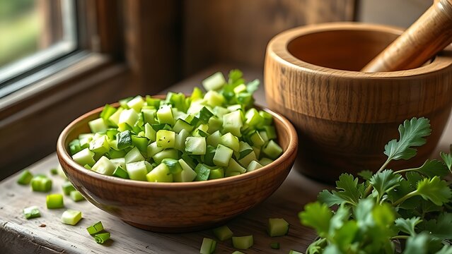 lovage. Chopped fresh lovage in ceramic bowl beside wooden mortar, culinary still life with natural lighting. menu design.