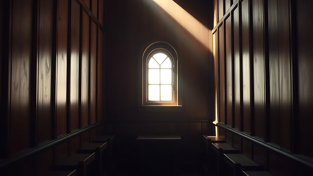 kneeler. The interior of an empty confessional booth with soft light entering through a wooden lattice. event programs, museum guides, designed for cultural heritage projects and event programs.