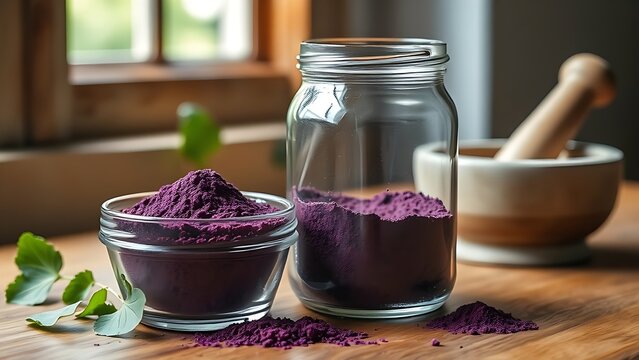 comfrey. A glass jar of purple comfrey root powder with mortar and pestle on a wooden table. gardening catalogs, home-decor guides, designed for gardening and botanical catalogs, used by clinicians.