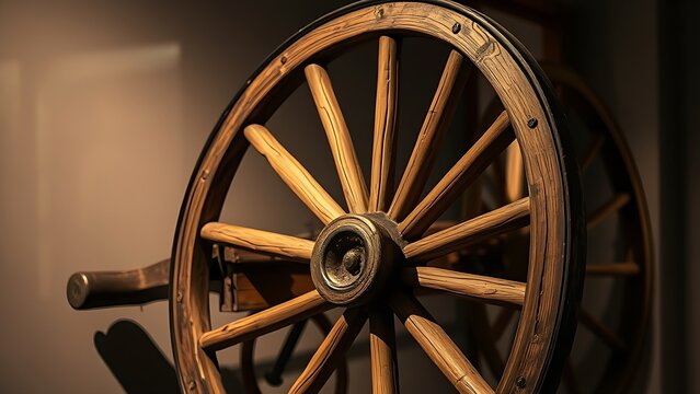 oxcart. A weathered wooden oxcart wheel displayed in museum lighting, showing wood grain. real-estate listings, architecture portfolios, designed for interior renovation comparisons for interiors.